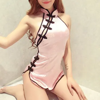Naujas Moterų Sexy Egzotiškas Rinkinys Sleepwear Su G-String Panty Cheongsam Apatiniai Berankoviai Off Peties Backless Mini Nightgowns