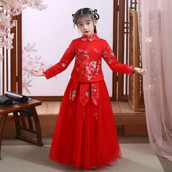 Naujų Mergaičių Žiemos Dygsniuotas Hanfu Cheongsam Mergaičių Suknelė Elegantiškas Naujųjų Metų Princesė Vaikų Šalis Suknelė Vestuvių Suknelė Suknelės