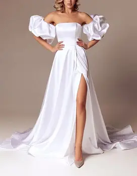 Normicel Satino Vestuvių Suknelės Nuotaka su Plyšio Off Peties Smileven Moterų Reljefiniai Rankovės Prom Dresses vakarinę Suknelę