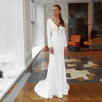 Paprasta Seksualus Undinė Vestuvių Suknelės 2022 Ilgomis Rankovėmis V-Kaklo, Atvira Nugara Teismas Traukinio Vestuvinės Suknelės Dėmių Elegantiškas Užsakymą Dramblio Kaulo