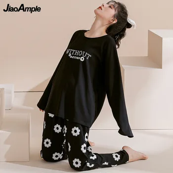 Pavasarį, Rudenį Grynos Medvilnės Pižama Moterims ilgomis Rankovėmis Kelnės Pijamas Dviejų dalių Komplektas 2022 Naujas Spausdinami Juoda Sleepwear naktiniai drabužiai