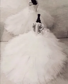 Perlai Nėrinių Aplikacijos Skirtingomis Baltos spalvos Gėlių Mergaitės Suknelė Vestuvių Tiulio Vaikų Kamuolys Suknelė Gimtadienio Bendrystės Nešioja
