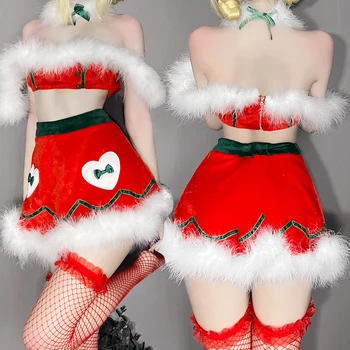 Ponios Kalėdų Dress Up Erotika Kostiumas Šalis Sijonas Nustatyti Raudona Hu Bowknot Kalėdų Seksualus Apatinis Trikotažas Nustatyti Kalėdų Cosplay Sexy