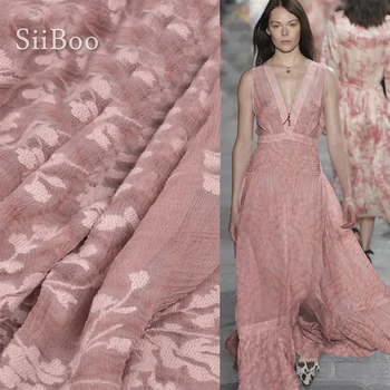 Prabanga rožinės spalvos gėlių siuvinėjimas medvilnės, šilko audinio drabužiai vasaros suknelė natūralaus šilko tissu tecidos stoffens tela 8mm SP5169