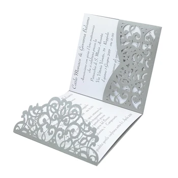 Prabanga tri - fold šviesos sidabro pakvietimo vestuvių su kišenėje elegantiškas vestuvių kvietimai