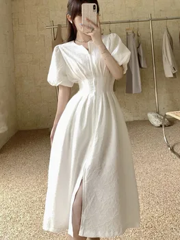 Prancūzijos Derliaus Žakardo Užtrauktukas Padalinta Plonas Juosmens Ilgio Suknelės Moterims 2022 Naujas Elegantiškas Mados Atsitiktinis Vasaros Suknelė Skraiste Femme