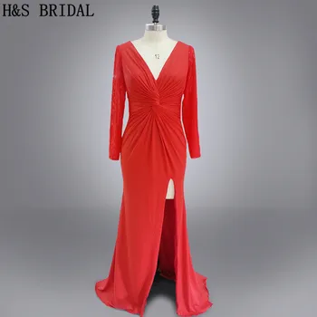 Realios foto Vestidos Priekiniai ritininės sexy raudona V kaklo vakare šalis suknelė ilgomis rankovėmis nėrinių vakarinę suknelę