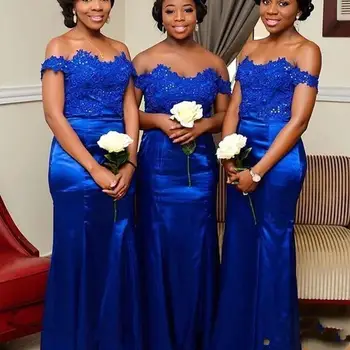 Royal Blue Off Peties Satino Plius Undinė Bridesmaid Dresses Ilgai Nėrinių Aplikacijos Zawalcowany Tarnaitė Garbės Chalatai Vestuvės Dress