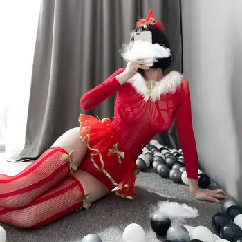 Seksualus Apatinis Trikotažas Kalėdų Princesė Dress Net Drabužius Ilgomis Rankovėmis Pliušinis Iškirptės Apdaila Tutu Sijonas Aukso Kraštas Embellishment
