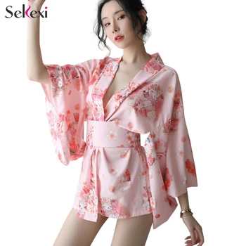 Seksualus Apatinis Trikotažas Moterims, Ilgai Nailono Pižamą Suknelė Erotika Japonijos Sakura Stiliaus Išspausdintas Ponios Kimono Skraiste Sleepwear Sekso Naktį