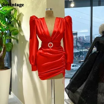 Sevintage Raudona Virš Kelio Mini Prom Dresses Satino Ilgomis Rankovėmis Oficialus Lady Šalis Suknelės Arti Klubo Moterų Apranga Kokteilis Suknelės