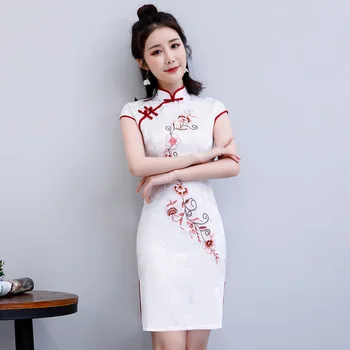 Sheng Kokosų Balta Žakardinės Medvilnės Kinijos Suknelės, Siuvinėjimo Cheongsam Šiuolaikinės Kinijos Plius Dydis Moterų Drabužiai Vestido Trumpas Qipao
