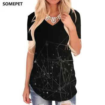 SOMEPET Geometrijos T-shirt moterims, Juoda V-kaklo Marškinėlius Modelio Marškinėliai Spausdinimo Meno marškinėliai 3d Moteriški Drabužiai Mados Kietas Streetwear