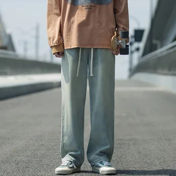 Streetwear derliaus Honkongo Stiliaus Baggy Jeans vyriški Prarasti Tiesiai Japonų Mados Raišteliu Kelnės Rudenį Džinsinio audinio Kelnės