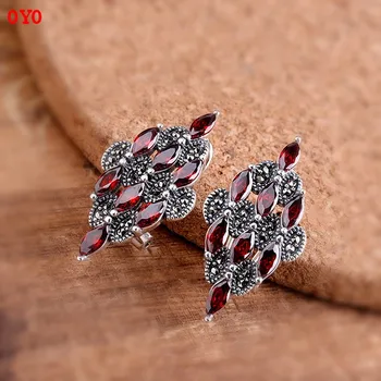 Tailando sidabro baudos auskarai nekilnojamojo 925 sterlingas sidabro papuošalai diamond moterų natūralių granatų raudona auskarai