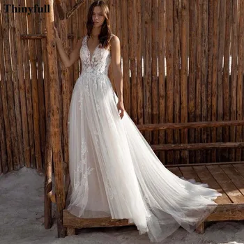 Thinyfull Appliques Nėrinių Boho Vestuvių Suknelės Gilia V-Kaklo Tiulio Atvira Nugara Vestuves Chalatai Kaimo Paplūdimys Nuotakos Suknelė 2022
