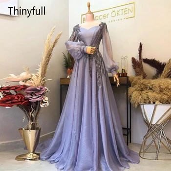 Thinyfull Elegantiška Violetinė Musulmonų Oficialią Suknelės 2022-Line Ilgai SleeveTulle Karoliukai Brangioji Maroko Caftan Vakare Šalis Suknelė