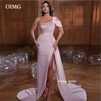 Undinė Rožinė Ilgos Vakarinės Suknelės Vienos Pečių Aplikacijos Karoliukai Šifono Padalinta Arabų Lady Oficialų Prom Šalis, Chalatai Elegantiškas