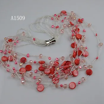 Unikalus Perlų papuošalų Parduotuvė,8rows Pink Red Crystal Shell Baroko Gėlavandenių Perlų Vėrinį Magnetas Užsegimas,Puiki Dovana Moterims