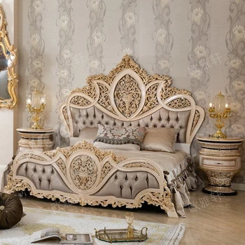 Užsakymą prancūzų visą medžio masyvo dvigulė lova rūmų villa miegamajame didelė lova, išraižytas audiniu meno lova