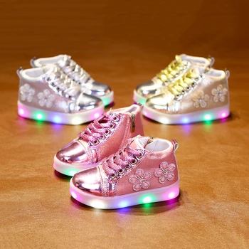Vaikų mergaičių batai gėlės kristalų mados atsitiktinis vaikus mergina led šviesos batai flash butas kulniukai nėrinių užtrauktuku batai auksas, sidabras