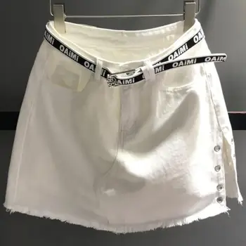 vasarą balta anti-šviesos džinsinio audinio sijonas moterims aukšto juosmens paketo klubo padalinta džinsai, mini sijonas