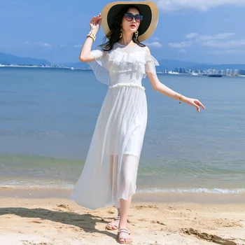 Vasarą naujas Off Peties Mulberry Šilko Mados Flounced Šilko Suknelė Moterims Atostogų Turizmo Pajūrio Bohemijos Lady Paplūdimio Sijonas