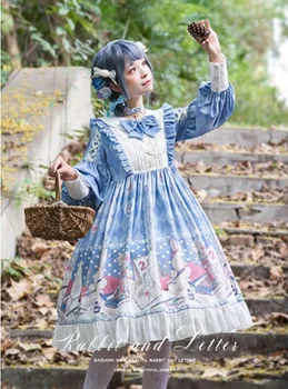 Viktorija Saldus Lolita Dress Cartoon Stiliaus Bowknot Turas Apykakle ilgomis Rankovėmis Viktorijos Suknelė saldus Kawaii Girl Lolita Op Loli Cos
