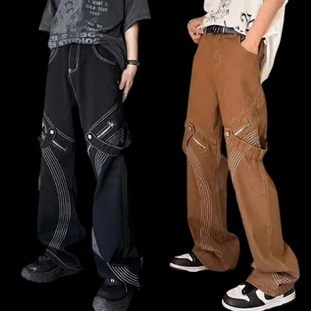 Vyrai Džinsai Pločio Kojų Aukšto Juosmens Harajuku Hip-Hop Baggy Jeans Atsitiktinis Kelnės Vyrams Krovinių Goth Džinsinio Audinio Kelnės