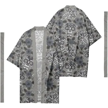 Vyriški Samurajus Kostiumas Kaukolė Ir Gėlių Spausdinti Kimono Marškinėliai Yukata Vyrų Japonijos Ilgai Kimono Megztinis Streetwear