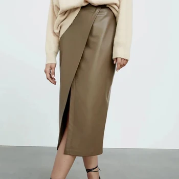 xikom 2021 Moterų Derliaus Atsitiktinis Elegantiškas PU Sijonas Moterų Mados Streetwear Slim Padalinta Aukštis Juosmens Midi Sijonai Prašmatnus Dugnas
