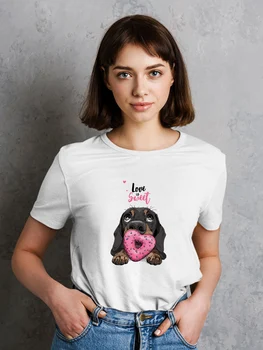 Yeskuni Meilė yra Saldus T-shirt Femme Mielas Šuo Spausdinti trumpomis Rankovėmis Viršūnes prancūzų Mados Kawaii Harajuku Moterų Drabužius, Greitas Pristatymas