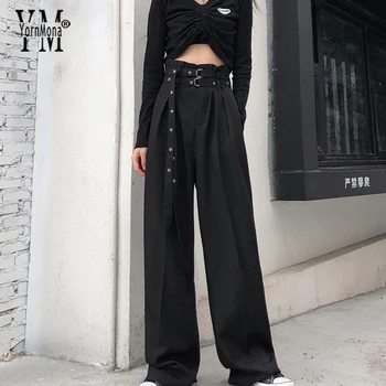 YornMona Kelnės Moterims Vasaros Ins Mados Juoda Harajuku Didelio Juosmens Pločio Kojos Ilgos Kelnės su Diržo Streetwear