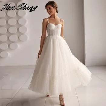 YunShang Spagečiai Dirželiai-Line Vestuvių Suknelė Iki 2022 M. Balti Taškai Paprasta Nėrinių Nuotakos Suknelė Mygtuką Rankovių Tiulio Chalatas De Mariée