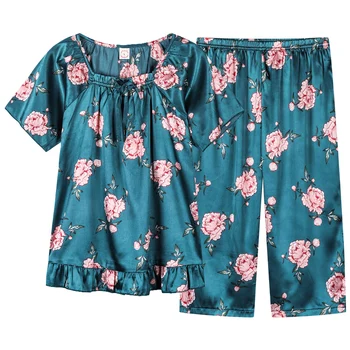 šilko trumpas rankovės apkarpyti kelnės pižamos moterims, vasaros gėlių spausdinti ponios atsitiktinis rinkinys, o-kaklo moterų homewear didelis metrų XXXL