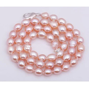 Žavinga Originali Gėlavandenių Perlų Karoliai Rožinė Spalva, 7-8mm Ryžių Perlų Papuošalai 17inches