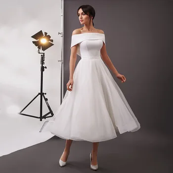 Žavinga Valtis Kaklo-line Arbata Ilgis Vestuvių Suknelės 2021 Aukštos Kokybės Organza Nuotakos Suknelė su Nėrinių-up Atgal