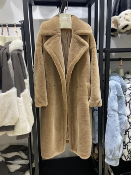 Žiemos Klasikinis Teddy Spalvos Ilgas Šiltas Outwear Nekilnojamojo Kailių Paltai Turn-Žemyn Apykaklės Negabaritinių Žiemos Rožinės Spalvos Paltas