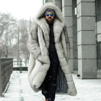 Žiemos Mados Nekilnojamojo Fox Fur Coat su dideliu Gaubtu Storas Šiltas Žmogus, Tikras Sveikos Odos Fox Fur Coat Outwear Natūralių Kailių Outwear Vyras