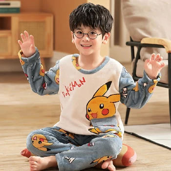 Žiemos Vaikų kawaii Pikachu Anime ir Animacinių filmų Pižama Nustatyti, Minkštas Flanelė Įgulos Kaklo Sleepwear Šiltą Pižamą Visą Rankovės Homewear