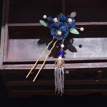 Paprasta Šiuolaikinės Han Kietas mėlynas Kostiumas galvos Apdangalai Moterų Spalvoto Stiklo Gėlių Kietas, Subtilus